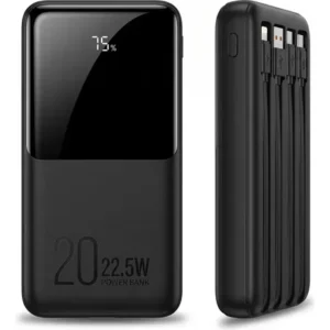Power Bank 20000mAh Turbo 22,5W Carga Rápida 10V De Saída Com 4 Cabos Integrados Display De Nível De Bateria Alça Para Transporte Lanterna LED Proteção Contra Sobrecarga Carregador Portátil Preto - Imagem 3