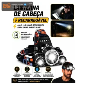 Lanterna De Cabeça Led Recarregável Farol Bike 3 Leds Zoom 300m Alta Potência Pesca Trilha Camping - Imagem 1
