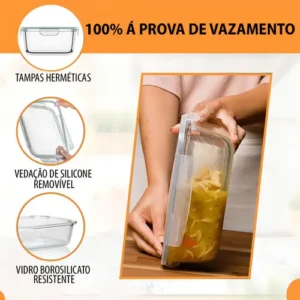 Yab - Kit 5 Potes De Vidro Marmita C/ Tampa Hermético 640ml Retangular 4 Travas Borossilicato Alimentos Micro-ondas Freezer Geladeira - Imagem 6