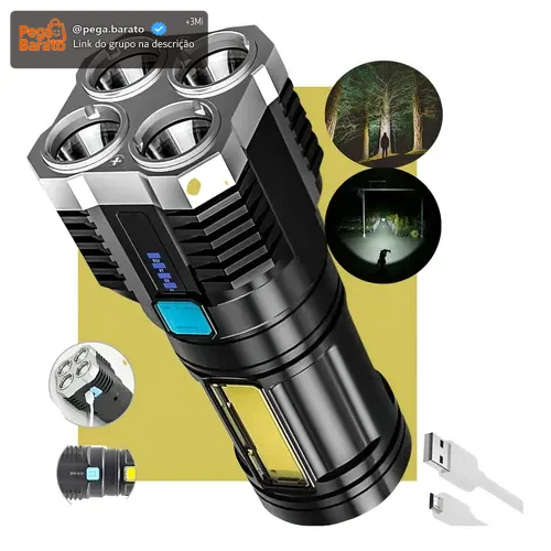 Lanterna Tática LED Militar 4 Leds Super Potente Alto Brilho Longo Alcance Recarregável USB Zoom Profissional Resistente Água Uso Tático Camping Emergência Uso externo Lanterna 4 Led Longa Autonomia