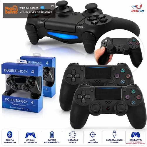 Kit 2 Controle Para Ps4 Sem Fio Redfin Para Ps4 Pc Bluetooth Touchpad Vibração Dupla Joystick Compatível PS4 Videogame TV PC Celular Android Manete Smart TV Headset - Redfin