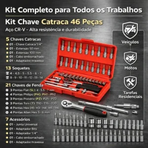 Kit Chaves Ferramentas Jogo Fenda Philips Catraca Soquete Allen 46 Peças Com Maleta Completa Manual Ideal Mecânico Manutenção Casa Carro Profissional Resistente Portátil Compacto Quicko Vermelho - Imagem 3