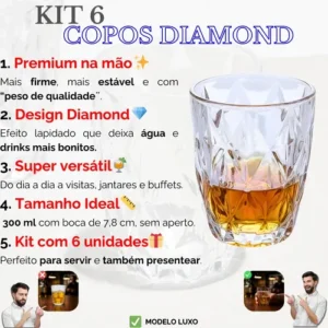 Jogo 6 Copos Diamond 300ml Vidro Grosso Diamante Luxo Moderno Resistente Buffet Casual Baixos Transparente - Imagem 3