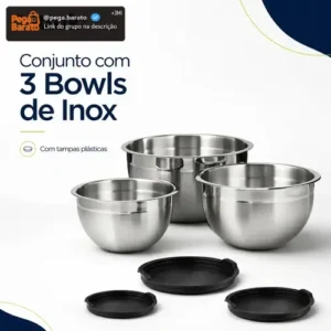 Vittak Conjunto 3 Bowls de Inox com Tampas Plásticas Utensílios de Cozinha Tamanhos Variados - Imagem 1