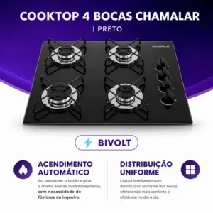 Fogão Cooktop Gás 4 Bocas Chamalar Ultra Chama Bivolt Preto - Imagem 6
