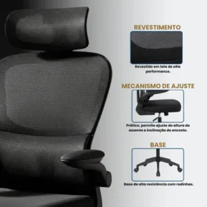cadeira de Escritório ergonomica movel Veneza I-100 Cor Preto Com Suporte Lombar Apoio De Cabeça Estofado Mesh giratoria - Imagem 7
