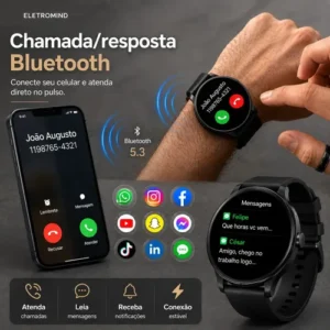 Smartwatch Inteligente Relógio Eletromind Bluetooth Chamadas Ip68 À Prova D'água Redondo Monitoramento Sono Saúde Esporte Preto - Imagem 4