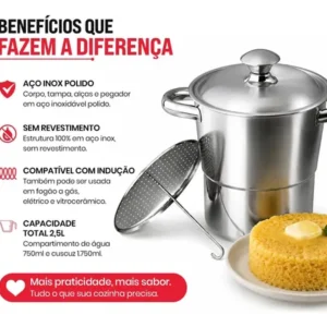 Panela Cuscuzeira Inox 16cm 2,5L Fogão Indução Gás Aço Inoxidável Cozedor A Vapor Para Cuscuz Nordestino Compatível Cooktop Elétrico Vitrocerâmico Fundo Triplo Utensílio Cozinha TOPHUS - Imagem 6