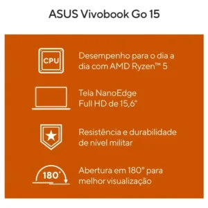 Notebook ASUS VivoBook Go 15 AMD Ryzen 5 7520U 8GB 512GB SSD KeepOS Tela 15,6" FHD Mixed Black - E1504FA-NJ732 - Imagem 3
