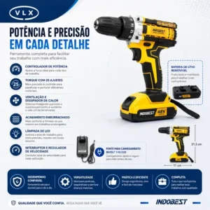 Parafusadeira Furadeira Sem Fio 48v 2 Baterias 340w Bivolt - Imagem 5