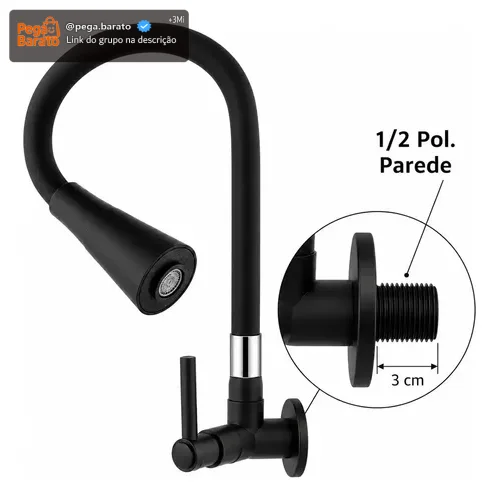 Torneira Para Cozinha Gourmet de Parede Preta Silicone Flexível Bica Móvel 2 Jatos Modelo Moderno para Pia Água Fria