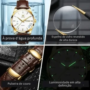 Relógio Social Masculino A Prova D'água Couro Olevs Luxo Marrom Dourado Preto - Imagem 4
