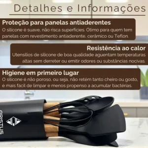 Kit C/12 Utensílios De Cozinha Silicone Cabo Madeira - Imagem 9