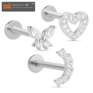 Kit 3 Piercings Orelha Tragus Helix Conch Borboleta Coração - Imagem 1