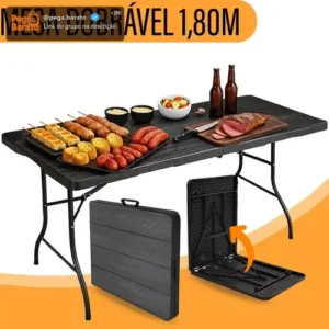 Yab - Mesa Dobrável 1,80 M Vira Maleta C/ Alça Resistente Camping Praia Premium Área Externa/interna 180cm Portátil - Cor Preto Amadeirado - Imagem 1