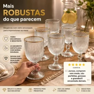 Kit de 6 Taças de Vidro Canelado com Borda Dourada para Água, Vinho e Suco Pratitudo Essencial Versalhes Gold 340 mL - Imagem 4