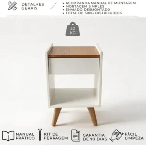 Mesinha De Cabeceira Lateral Retro Luxo Branco Fosco Gaveta - Imagem 3