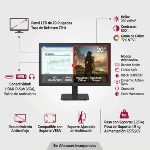 Monitor LG LED 20" HD+, 75Hz, 2ms, HDMI/VGA, Modo Leitura, Flicker Safe, Black Stabilizer, Dynamic Action Sync, Preto- 20U401A - Imagem 2