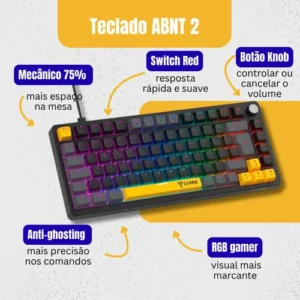 Teclado Mecânico Gamer Pró 75% Azimut Preto Switch Red Knob - Imagem 3