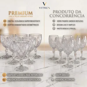 Jogo 6 Taças de Cristal 340ml Diamond Transparente Lapidado Vitrex - Imagem 3