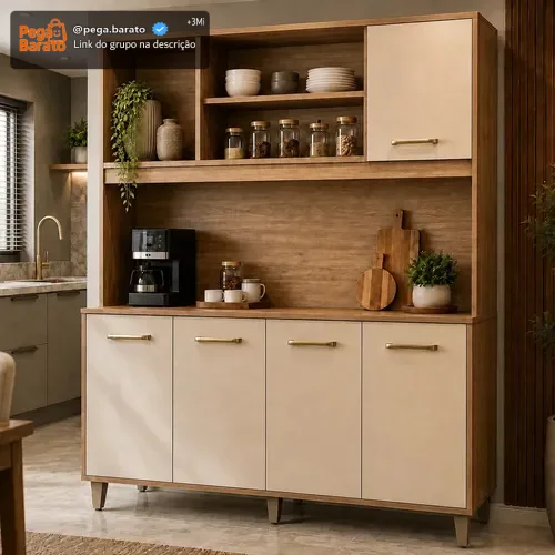 Kit Armário de Cozinha Nicioli Magazin 120 5 Portas Freijó/Off White Cristal Moderno Compacto Organizador Resistente