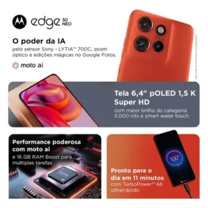 Smartphone Motorola Edge 50 Neo 5g 256GB 8GB RAM 8GB RAM Boost 50mp Sony Camera Poinciana Vegan Leather - Imagem 4