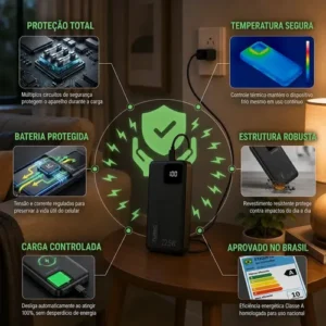Power Bank 10000mAh Carregador Portátil Turbo 22,5W PD USB-C Carga Rápida 4 Portas Display Digital Bateria Externa Cabo Incluído Proteção Sobrecarga Universal Android iOS Brasiliana Tech - Imagem 6