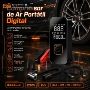Auxiliar de Partida de Bateria Veicular Portátil Com Compressor de Ar Para Carro e Moto - Imagem 1