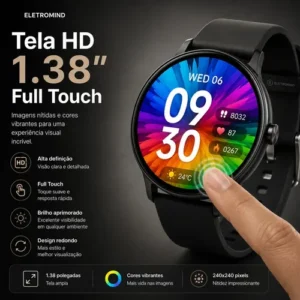 Smartwatch Inteligente Relógio Eletromind Bluetooth Chamadas Ip68 À Prova D'água Redondo Monitoramento Sono Saúde Esporte Preto - Imagem 8