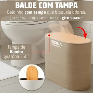 Kit Banheiro Completo Acessórios De Bambu Moderno Lixeira Com Tampa Escova Saboneteira Cor Bege Irsina - Imagem 4