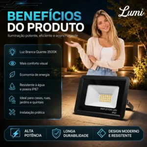 Refletor Super Led 50W Lumi SMD Branco Quente IP67 Alumínio Externo - Imagem 3