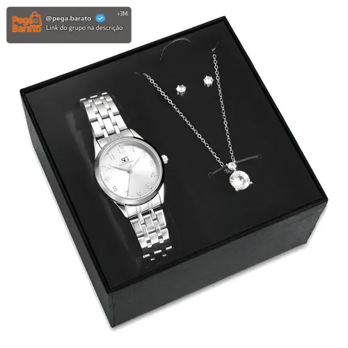 Kit Relógio Colar E Brincos Ponto De Luz Feminino Luxo Silver Saint Germain Presente Original Joias Prata Elegante Clássico 28mm