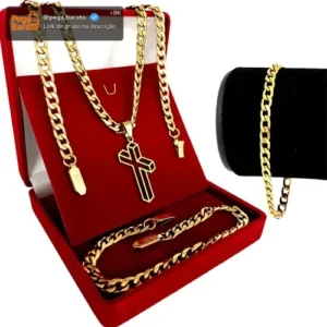 Kit Grumet Cordão Banhada A Ouro 70 Cm + Pulseira E Pingente - Imagem 1