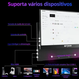 Monitor Portátil Gamer Bettdow 15.6'' Full HD 60Hz IPS Compatível 4K Preto - Imagem 8