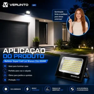 Kit 3 Refletores LED 200W VERUNTO Branco Frio IP67 Alumínio - Imagem 4