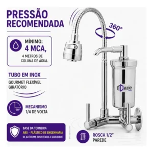 Torneira com Filtro para Cozinha Bica Flexível Móvel Em Abs Carbon Block Purificador De Agua Com Refil Instalado Registro 1/4 de Volta Gourmet Parede Luxo Chuveirinho 2 Modos de Jatos - Imagem 3