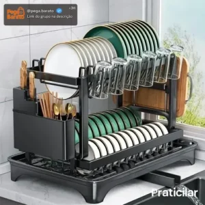 Escorredor De Louça Inoxidável 2 Andares Drenagem Automática Bandeja Grande 360o Organizador Pia Com Porta Pratos Tigelas Talheres Copos - Imagem 1
