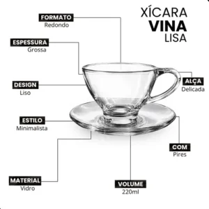Jogo 6 Xícaras Chá Café Com Pires De Vidro Transparente - Imagem 9