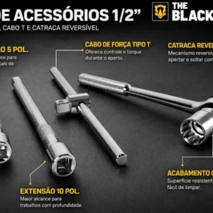 Jogo Kit de Ferramentas Manuais Chave Catraca 1/2 8 a 32mm BCS022 The Black Tools Cor Amarelo - Imagem 6