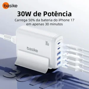 Carregue todos com um só: Basike GaN 30W Turbo Vórtice, 5 portas USB A+C, cabo Type-C 1,5m incluso, bivolt, carregamento rápido para iPhones e Androids. - Imagem 5