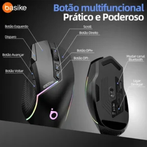 BASIKE mouse gamer sem fio RGB Mouse Recarregável Mouse, Mouse Tri-Modes BT5.1/Tipo C com fio/Sem fio 2.4G - Sensor 30G - 12.800 DPI - 96g Leve 9 ComandosAjustávels Up to 260h Battery Life for PC/Mac - Imagem 9