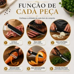 Kit Jogo De Facas Inox Conjunto 9 Peças Cozinha Churrasco Tesoura Descascador Tabua Brinde Aquattro - Imagem 6