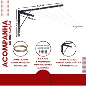 Varal De Parede E Muro Reforçado Suporta Até 90 Kg - Imagem 3