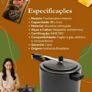 Panela de Pressão 10 litros Alumínio Preta Grande Reforçada Cozimento Rápido Econômica Fechamento Interno - Imagem 8