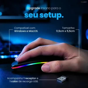 Mouse Sem Fio Recarregável Bluetooth Wireless Óptico Ergonômico Sem Fio Led Rgb Gamer Para Notebook Pc Tablet Smartphone Preto Nixzen - Imagem 6