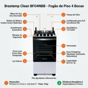 Fogão 4 Bocas Acendimento Automático Clean Bfo4nbb Brastemp Cor Branco - Imagem 2
