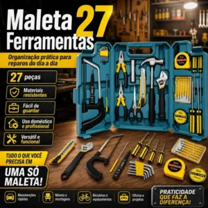 Kit Maleta Jogo Ferramentas 27 Peças Residencial Completa Conserto Oficina Manutenção Chave Inglesa, Estilete, Chaves Allen, Fenda E Phillips, Lanterna, Martelo, Serra, Tesoura, Trena, Fita Isolante - Imagem 3