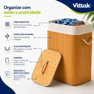 Vittak Cesto De Roupa Bambu 72 Litros Dobrável Retangular Com Tampa E Forro - Imagem 5