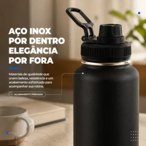 1000ml Garrafa Térmica Isolada A Vácuo Squeeze Aço Inox 304 para Água Gelada Esporte Academia com Alça e Bico Preto Sólar - Imagem 4