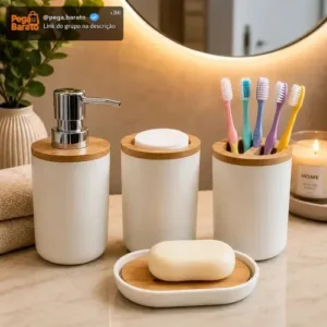 Kit 4 Peças Para Banheiro Porta Sabonete Líquido Algodão Esc - Imagem 1